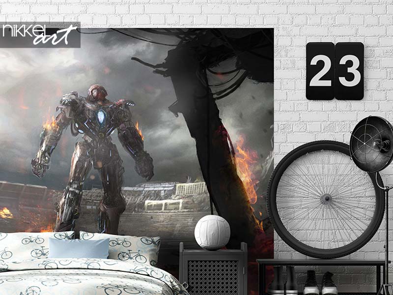 Wall stickers Fictional illustration of a giant robot stands in a destroyed stadium