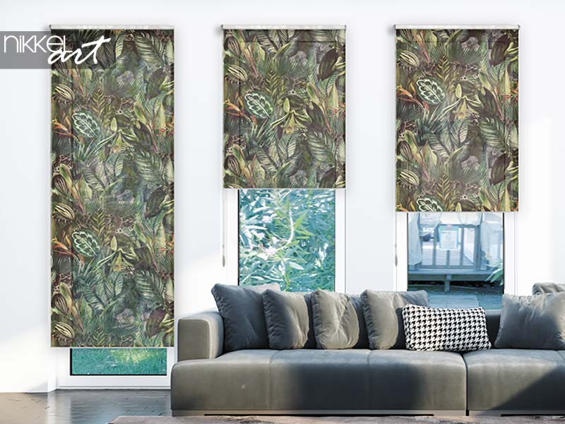 Printed roller blinds Tropical pattern with clouded leopard and tropical flowers. Seamless pattern with orchids and wild cat