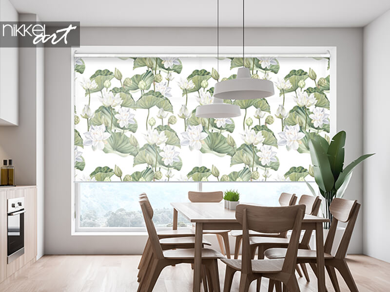 Printed roller blinds Hand drawn watercolor seamless pattern with white lotus flowers and lotus leaf